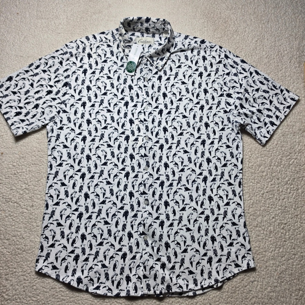California Shirt Co Birdy Short Sleeve Knit Shirt White Navy Bird Print Large